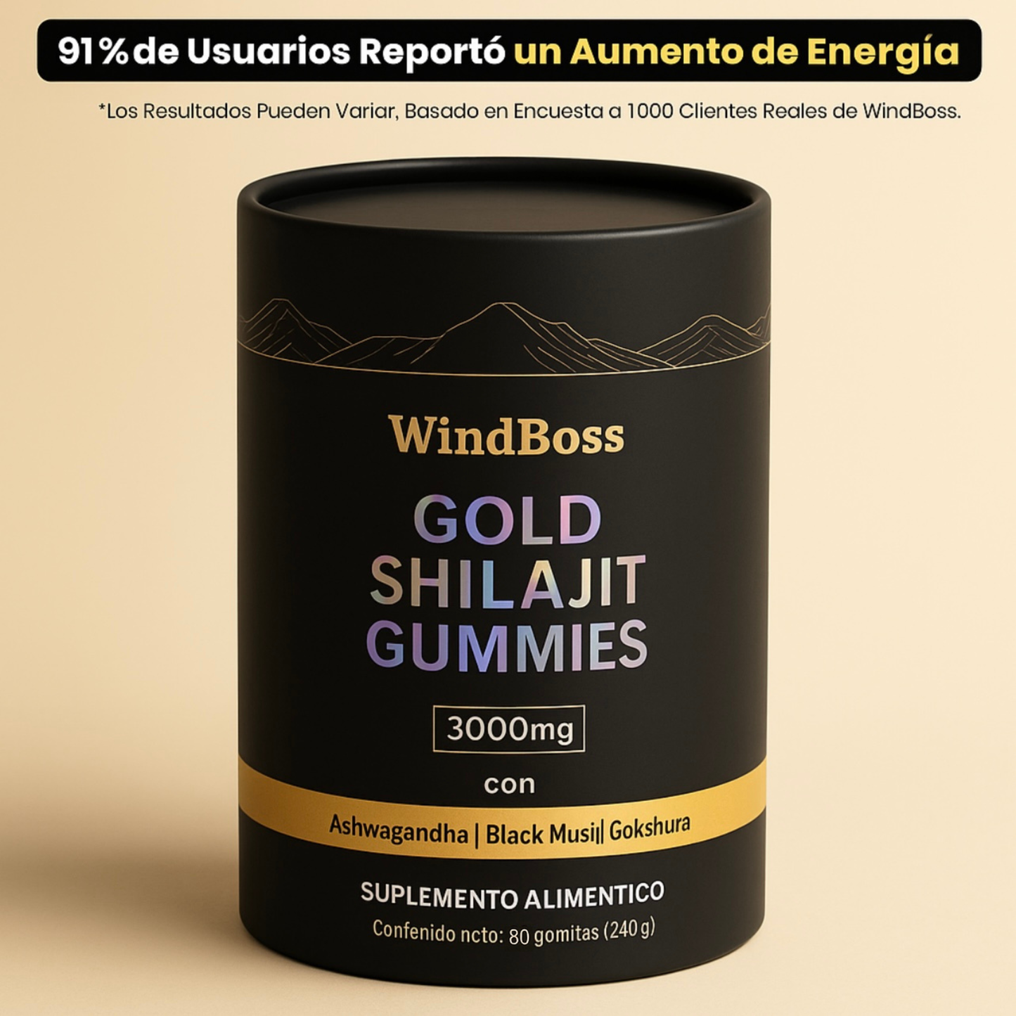 WindBoss Gold Gomitas de Shilajit Puro del Himalaya: Con Ashwagandha, Black Musli y Gokshura®