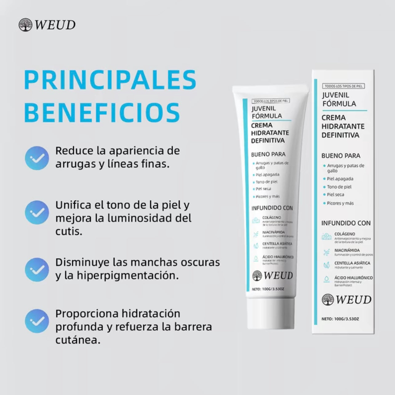 WEUD Crema Coreana con Colágeno, Niacinamida, Centella Asiática y Ácido Hialurónico 100 G